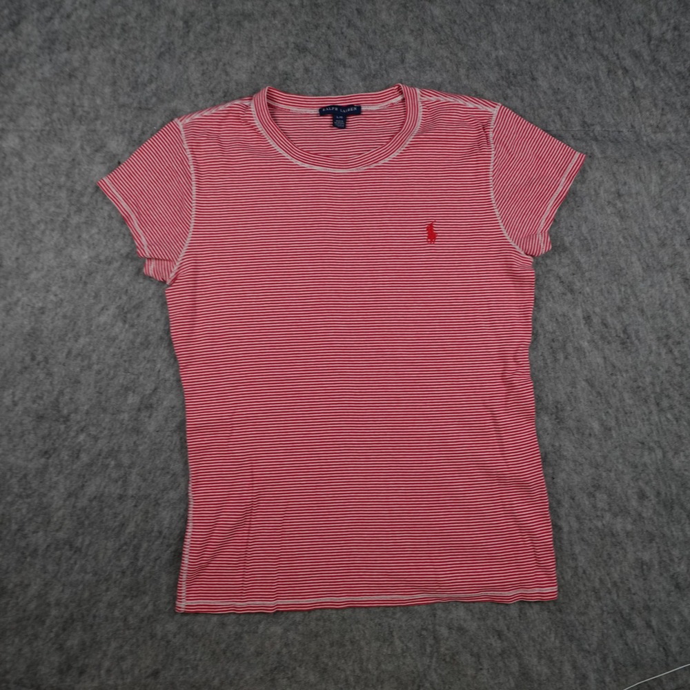 Ralph Lauren Top Women Large Red Striped Cotton Short Sleeve Crew Babydoll Tee